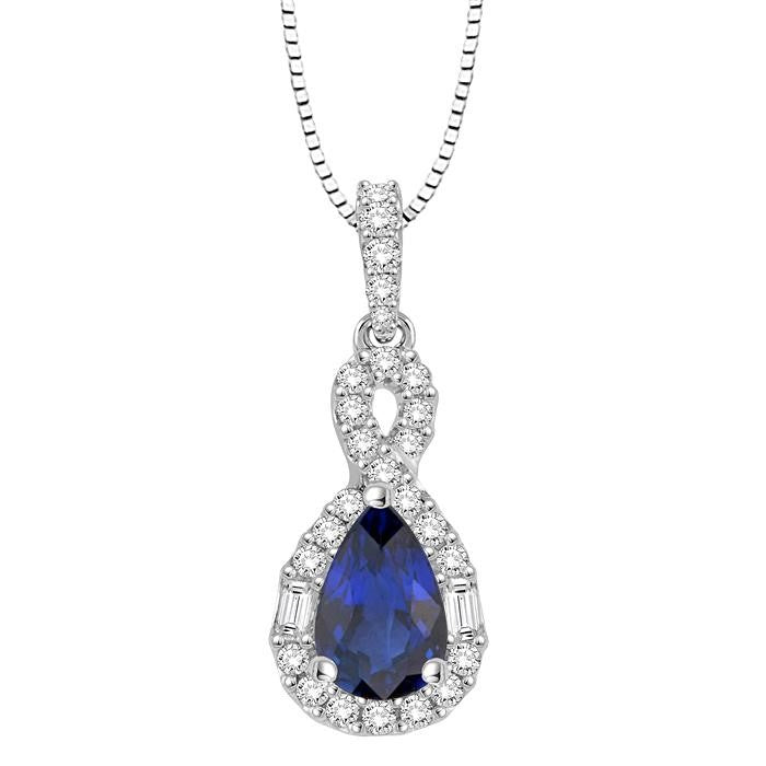 7x5 MM Pear Shape Sapphire and 1/3 Ctw Diamond Precious Pendant in 14K White Gold with Chain