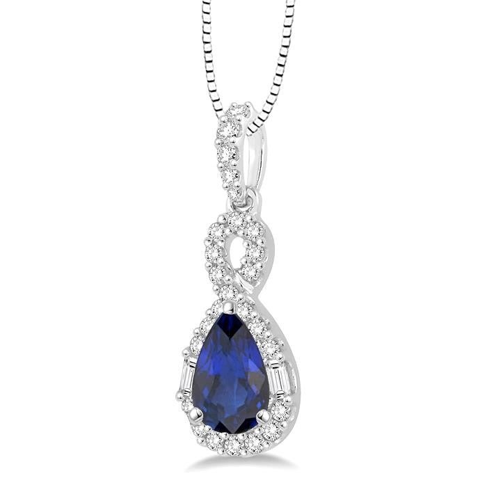 7x5 MM Pear Shape Sapphire and 1/3 Ctw Diamond Precious Pendant in 14K White Gold with Chain