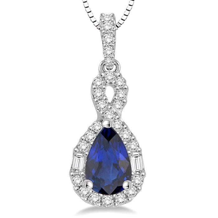 7x5 MM Pear Shape Sapphire and 1/3 Ctw Diamond Precious Pendant in 14K White Gold with Chain