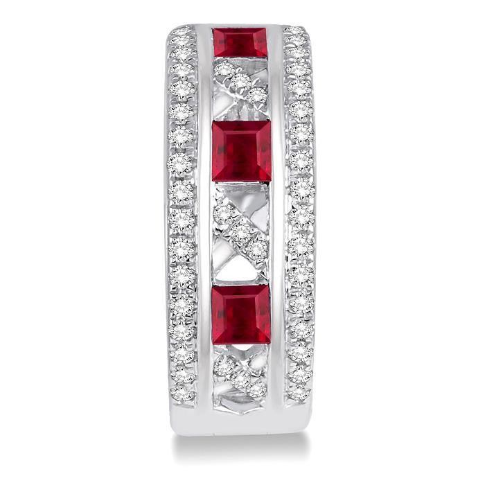 2.4x2.4 MM Princess Cut Ruby and 1/3 Ctw Round Cut Diamond Precious Earrings in 14K White Gold