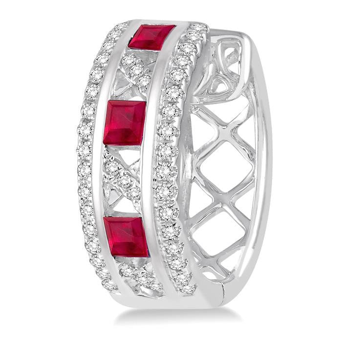 2.4x2.4 MM Princess Cut Ruby and 1/3 Ctw Round Cut Diamond Precious Earrings in 14K White Gold