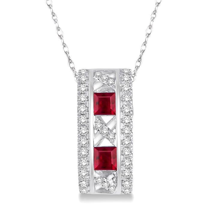 3x3 MM Princess Cut Ruby and 1/5 Ctw Round Cut Diamond Precious Pendant in 14K White Gold with Chain