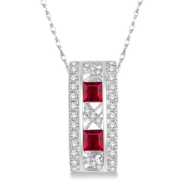 3x3 MM Princess Cut Ruby and 1/5 Ctw Round Cut Diamond Precious Pendant in 14K White Gold with Chain
