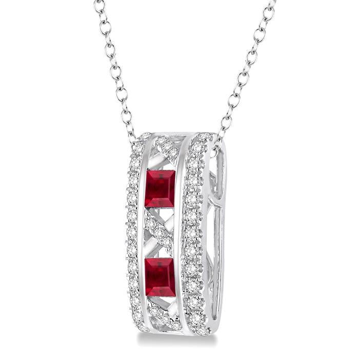 3x3 MM Princess Cut Ruby and 1/5 Ctw Round Cut Diamond Precious Pendant in 14K White Gold with Chain