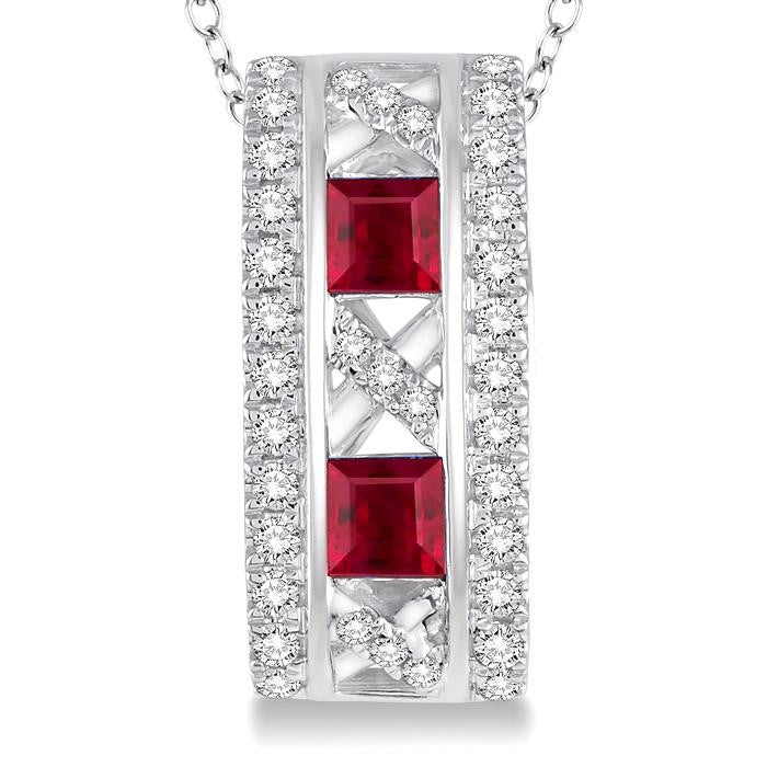3x3 MM Princess Cut Ruby and 1/5 Ctw Round Cut Diamond Precious Pendant in 14K White Gold with Chain