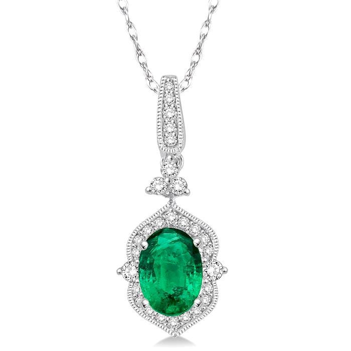 6x4 MM Oval Shape Emerald and 1/5 Ctw Diamond Precious Pendant in 14K White Gold with Chain