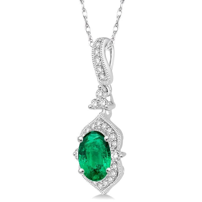 6x4 MM Oval Shape Emerald and 1/5 Ctw Diamond Precious Pendant in 14K White Gold with Chain