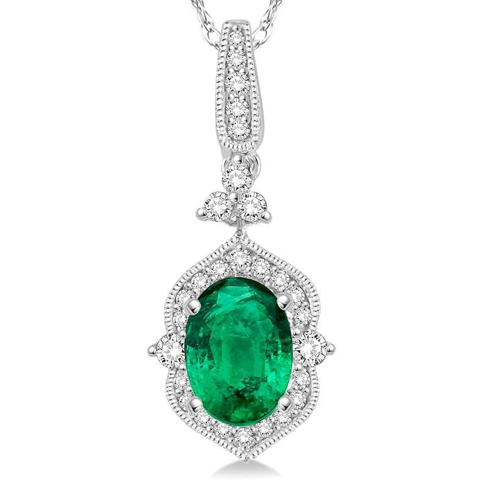 6x4 MM Oval Shape Emerald and 1/5 Ctw Diamond Precious Pendant in 14K White Gold with Chain