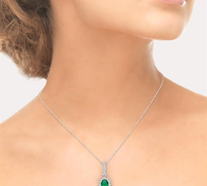 6x4 MM Oval Shape Emerald and 1/5 Ctw Diamond Precious Pendant in 14K White Gold with Chain