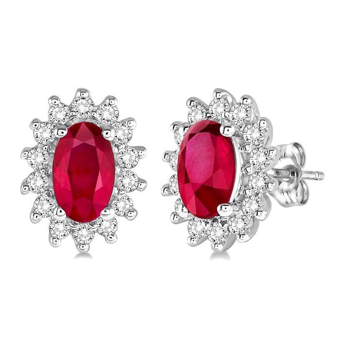 5X3 MM Oval Cut Center Ruby and 1/5 Ctw Round Cut Diamond Sunflower Precious Earrings in 10K White Gold