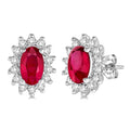 5X3 MM Oval Cut Center Ruby and 1/5 Ctw Round Cut Diamond Sunflower Precious Earrings in 10K White Gold