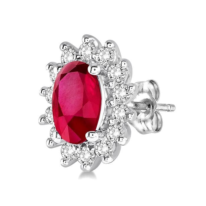 5X3 MM Oval Cut Center Ruby and 1/5 Ctw Round Cut Diamond Sunflower Precious Earrings in 10K White Gold