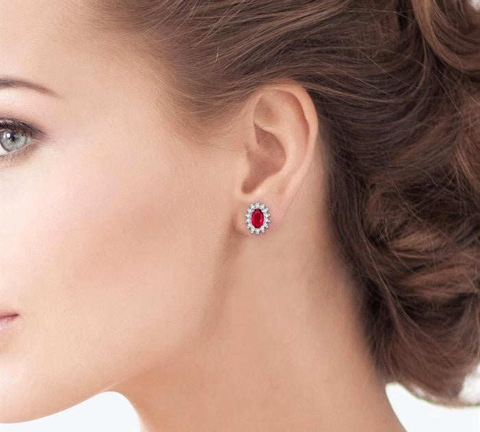 5X3 MM Oval Cut Center Ruby and 1/5 Ctw Round Cut Diamond Sunflower Precious Earrings in 10K White Gold