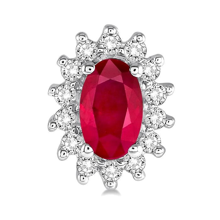 5X3 MM Oval Cut Center Ruby and 1/5 Ctw Round Cut Diamond Sunflower Precious Earrings in 10K White Gold