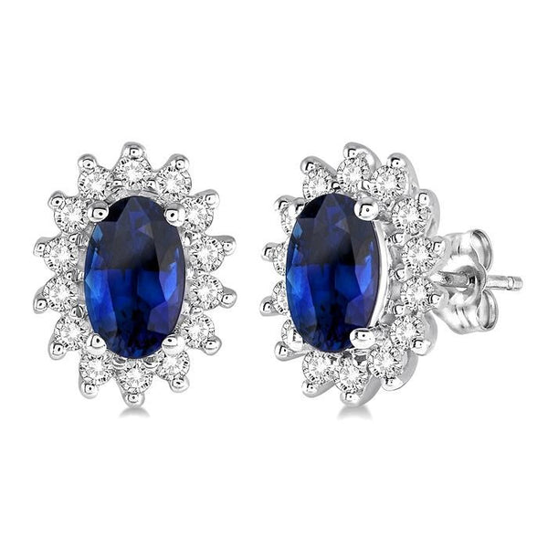 5x3 MM Oval Cut Center Sapphire and 1/5 Ctw Round Cut Diamond Sunflower Precious Earrings in 10K White Gold