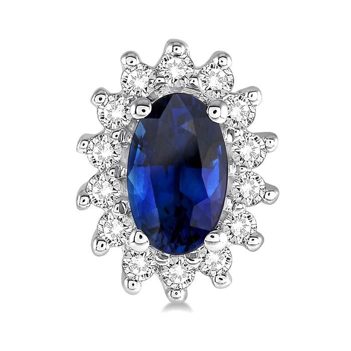 5x3 MM Oval Cut Center Sapphire and 1/5 Ctw Round Cut Diamond Sunflower Precious Earrings in 10K White Gold