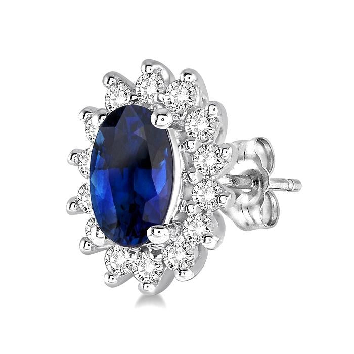 5x3 MM Oval Cut Center Sapphire and 1/5 Ctw Round Cut Diamond Sunflower Precious Earrings in 10K White Gold