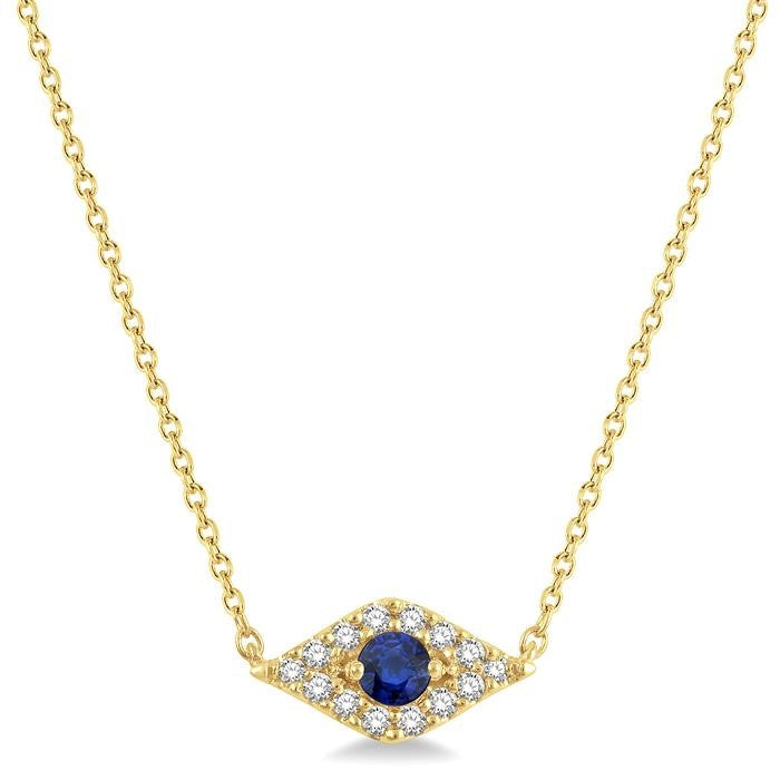 2.60 MM Round Cut Sapphire and 1/10 Ctw Evil Eye Round Cut Diamond Precious Petite Fashion Pendant With Chain in 10K Yellow Gold