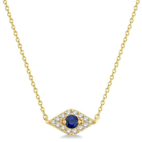 2.60 MM Round Cut Sapphire and 1/10 Ctw Evil Eye Round Cut Diamond Precious Petite Fashion Pendant With Chain in 10K Yellow Gold