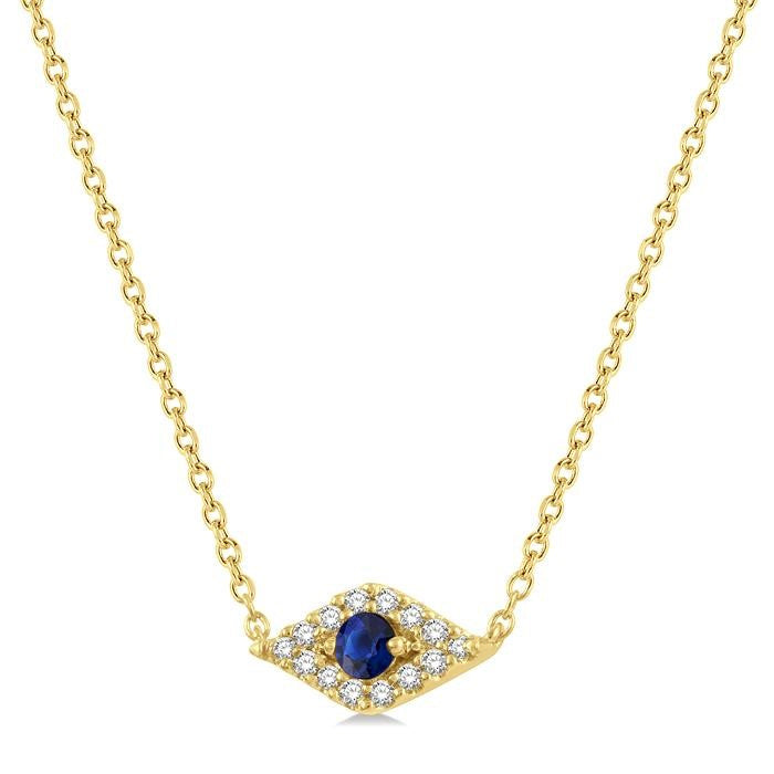 2.60 MM Round Cut Sapphire and 1/10 Ctw Evil Eye Round Cut Diamond Precious Petite Fashion Pendant With Chain in 10K Yellow Gold