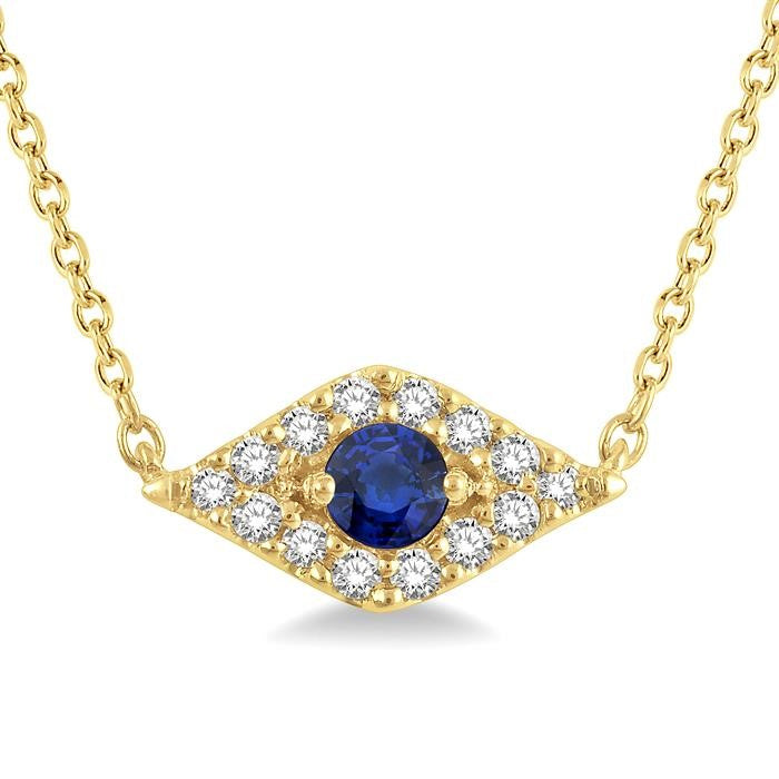 2.60 MM Round Cut Sapphire and 1/10 Ctw Evil Eye Round Cut Diamond Precious Petite Fashion Pendant With Chain in 10K Yellow Gold