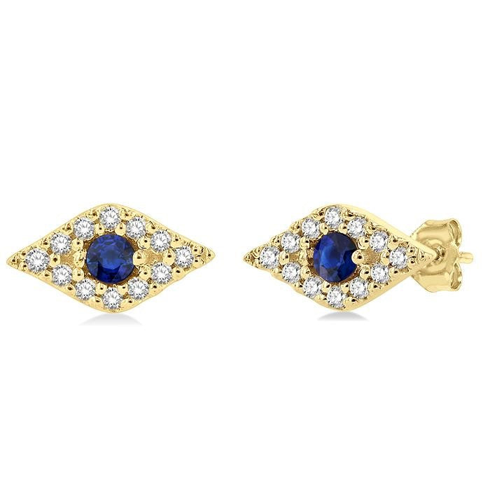 2.0 MM Round Cut Sapphire and 1/10 Ctw Evil Eye Round Cut Diamond Precious Petite Fashion Earrings in 10K Yellow Gold