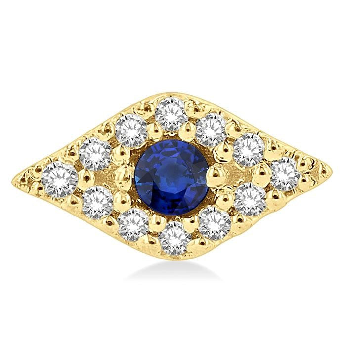 2.0 MM Round Cut Sapphire and 1/10 Ctw Evil Eye Round Cut Diamond Precious Petite Fashion Earrings in 10K Yellow Gold