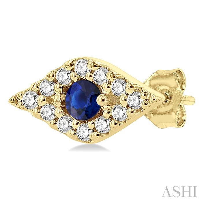 2.0 MM Round Cut Sapphire and 1/10 Ctw Evil Eye Round Cut Diamond Precious Petite Fashion Earrings in 14K Yellow Gold