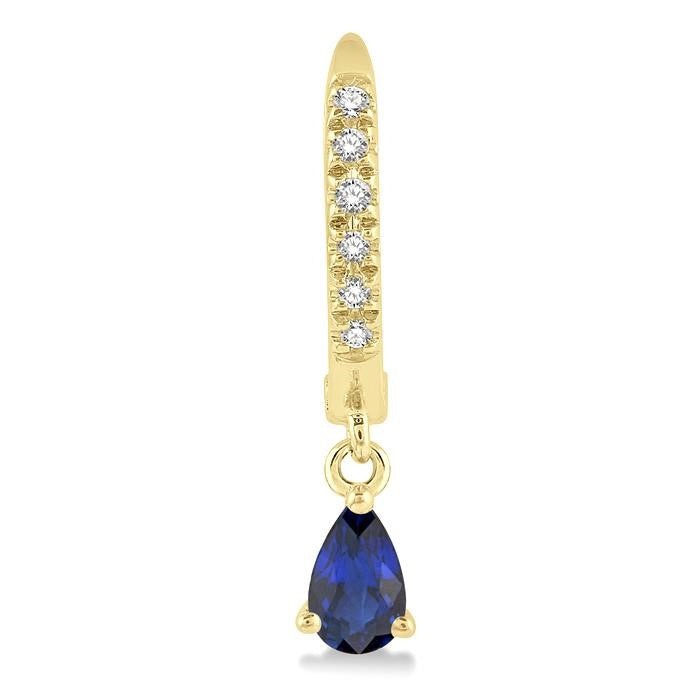 5x3 MM Pear Cut Sapphire and 1/8 Ctw Round Cut Diamond Petite Fashion Huggie Earrings in 14K Yellow Gold