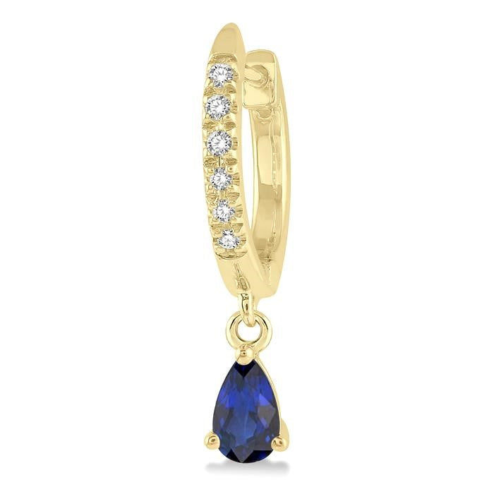 5x3 MM Pear Cut Sapphire and 1/8 Ctw Round Cut Diamond Petite Fashion Huggie Earrings in 14K Yellow Gold