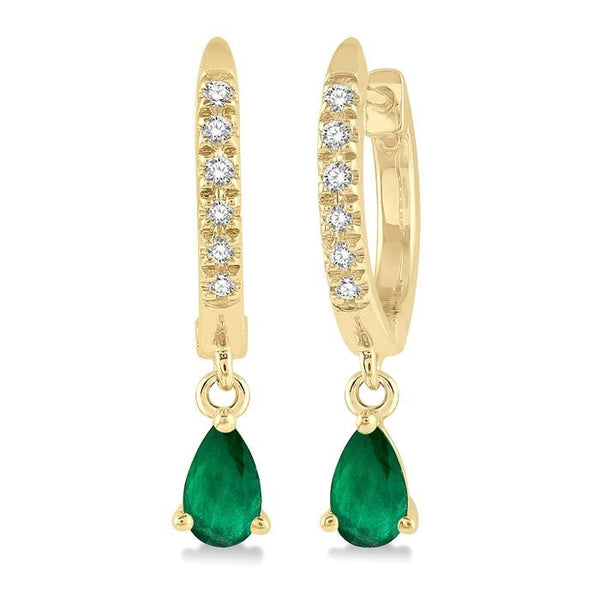 5x3 MM Pear Cut Emerald and 1/8 Ctw Round Cut Diamond Petite Fashion Huggie Earrings in 10K Yellow Gold