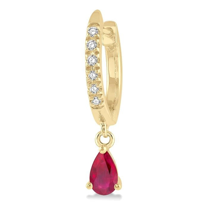 5x3 MM Pear Cut Ruby and 1/8 Ctw Round Cut Diamond Petite Fashion Huggie Earrings in 10K Yellow Gold