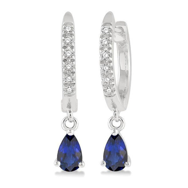 5x3 MM Pear Cut Sapphire and 1/8 Ctw Round Cut Diamond Petite Fashion Huggie Earrings in 10K White Gold