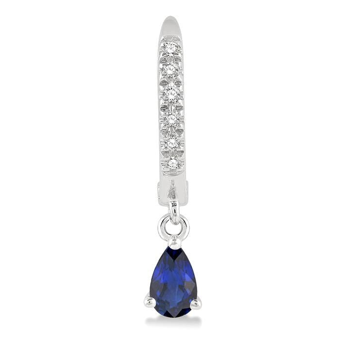 5x3 MM Pear Cut Sapphire and 1/8 Ctw Round Cut Diamond Petite Fashion Huggie Earrings in 10K White Gold