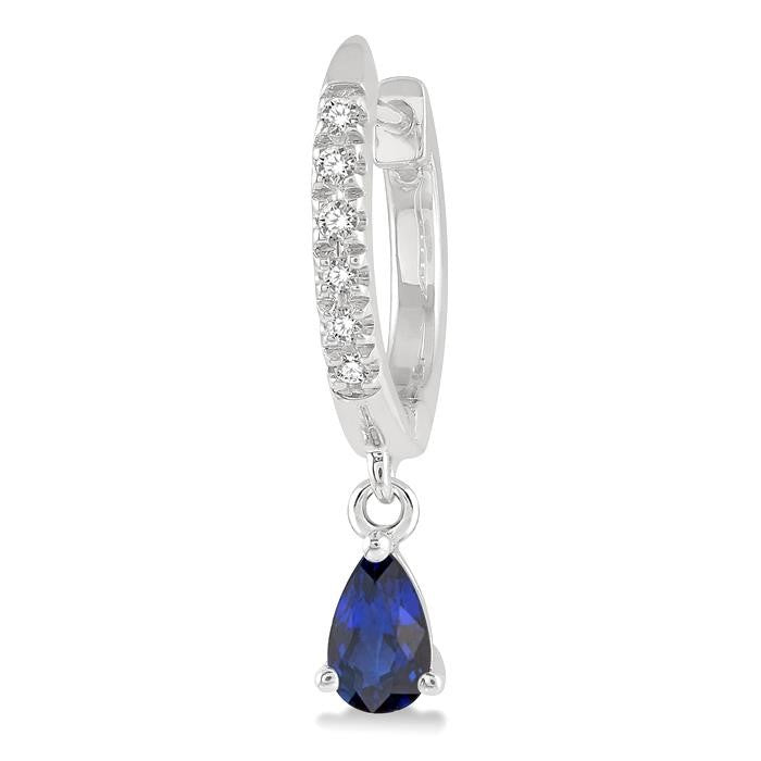 5x3 MM Pear Cut Sapphire and 1/8 Ctw Round Cut Diamond Petite Fashion Huggie Earrings in 10K White Gold