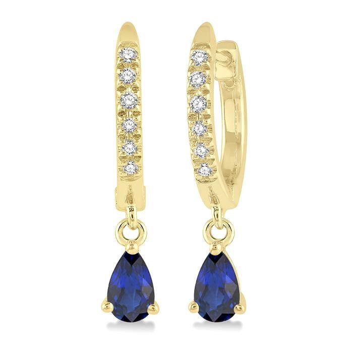 5x3 MM Pear Cut Sapphire and 1/8 Ctw Round Cut Diamond Petite Fashion Huggie Earrings in 10K Yellow Gold
