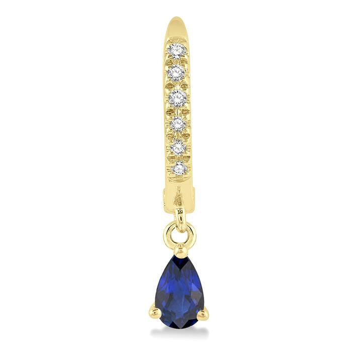 5x3 MM Pear Cut Sapphire and 1/8 Ctw Round Cut Diamond Petite Fashion Huggie Earrings in 10K Yellow Gold