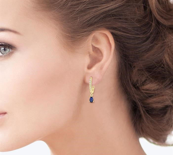5x3 MM Pear Cut Sapphire and 1/8 Ctw Round Cut Diamond Petite Fashion Huggie Earrings in 10K Yellow Gold