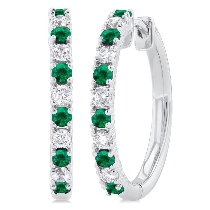 1.80 MM Round Shape Emerald and 1/4 Ctw Round Cut Diamond Precious Hoop Earrings in 10K White Gold