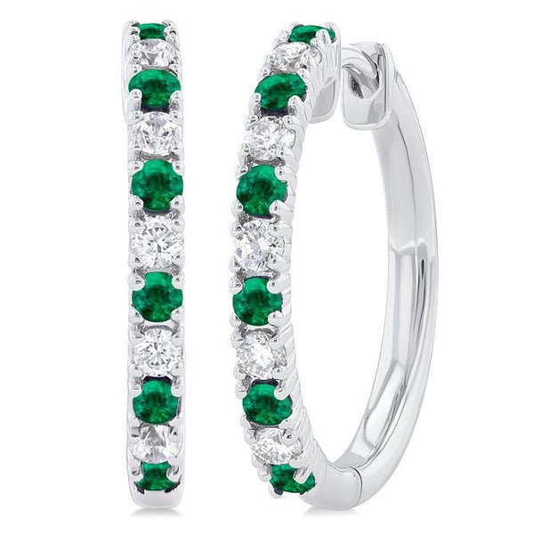 1.80 MM Round Shape Emerald and 1/4 Ctw Round Cut Diamond Precious Hoop Earrings in 10K White Gold