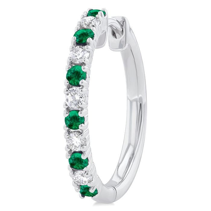 1.80 MM Round Shape Emerald and 1/4 Ctw Round Cut Diamond Precious Hoop Earrings in 10K White Gold