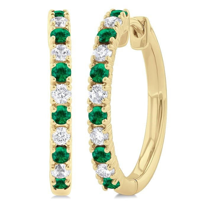 1.80 MM Round Shape Emerald and 1/4 Ctw Round Cut Diamond Precious Hoop Earrings in 10K Yellow Gold
