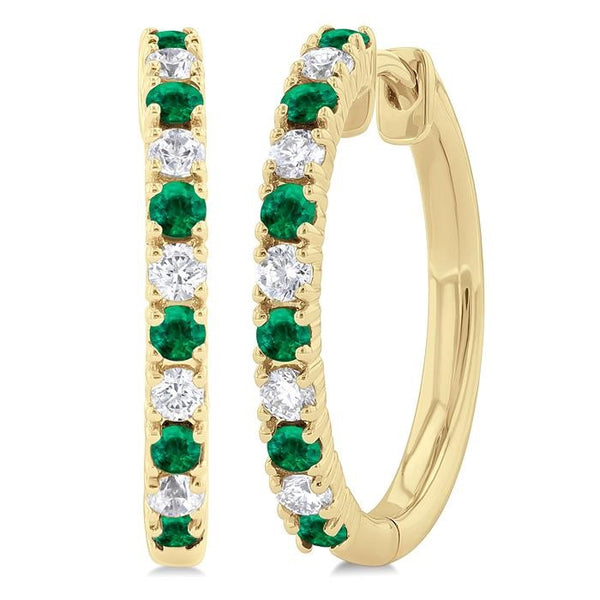 1.80 MM Round Shape Emerald and 1/4 Ctw Round Cut Diamond Precious Hoop Earrings in 10K Yellow Gold