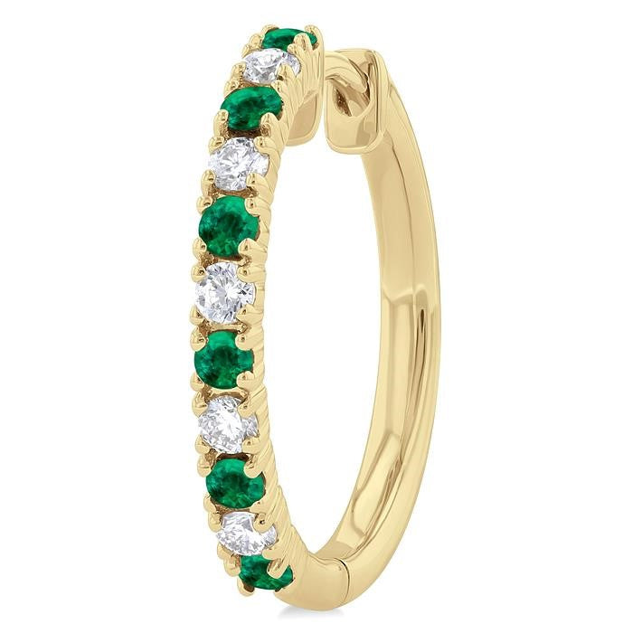 1.80 MM Round Shape Emerald and 1/4 Ctw Round Cut Diamond Precious Hoop Earrings in 10K Yellow Gold