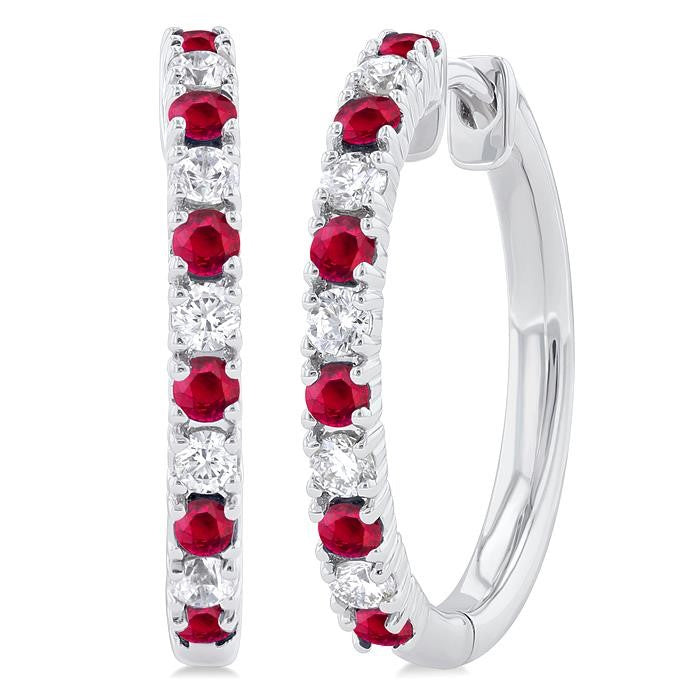 1.80 MM Round Shape Ruby and 1/4 Ctw Round Cut Diamond Precious Hoop Earrings in 10K White Gold