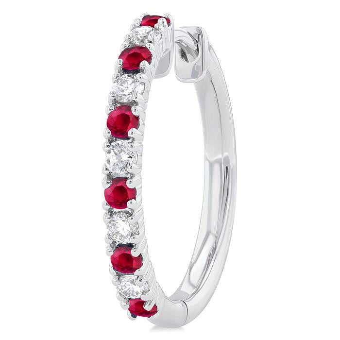 1.80 MM Round Shape Ruby and 1/4 Ctw Round Cut Diamond Precious Hoop Earrings in 10K White Gold