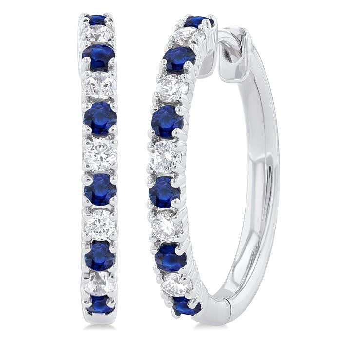 1.80 MM Round Shape Sapphire and 1/4 Ctw Round Cut Diamond Precious Hoop Earrings in 10K White Gold