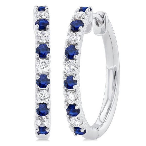 1.80 MM Round Shape Sapphire and 1/4 Ctw Round Cut Diamond Precious Hoop Earrings in 10K White Gold