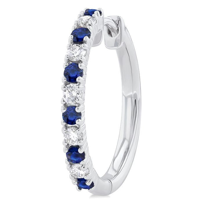 1.80 MM Round Shape Sapphire and 1/4 Ctw Round Cut Diamond Precious Hoop Earrings in 10K White Gold