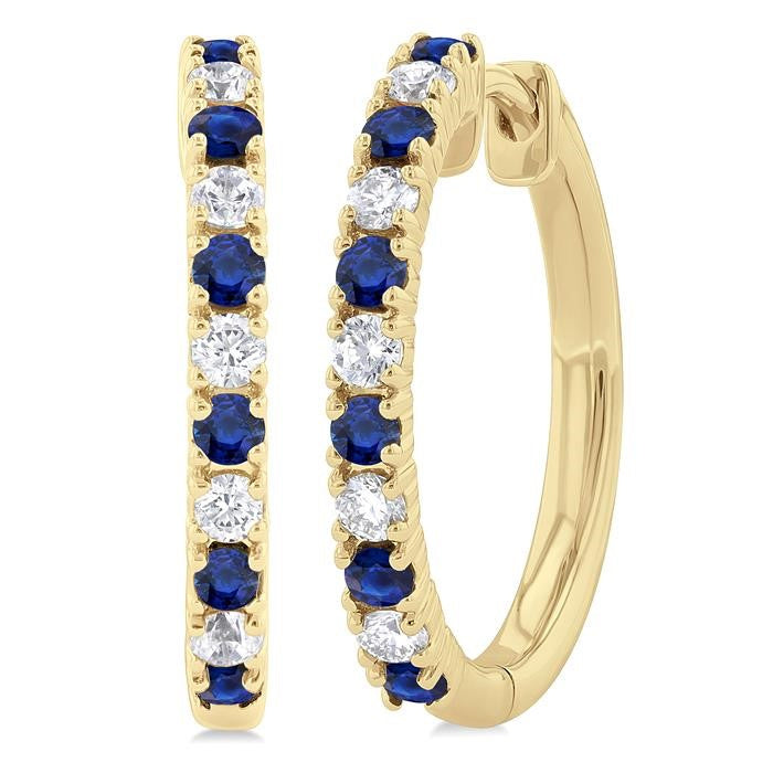 1.80 MM Round Shape Sapphire and 1/4 Ctw Round Cut Diamond Precious Hoop Earrings in 10K Yellow Gold